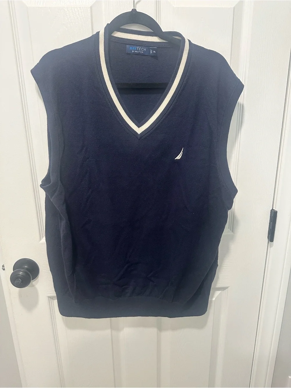 Nautica Navy V-Neck Sleeveless Sweater Vest with Ivory Trim